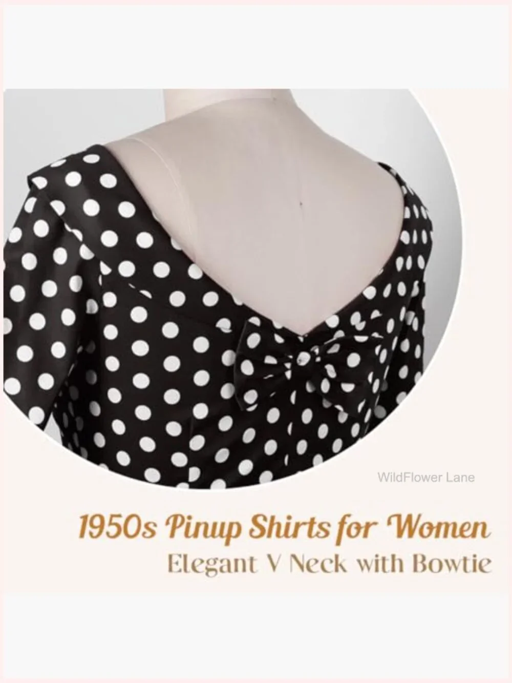 Vintage Pinup Blouse with Back Bow Tie, Medium Sleeves Boat Neck Cotton Top